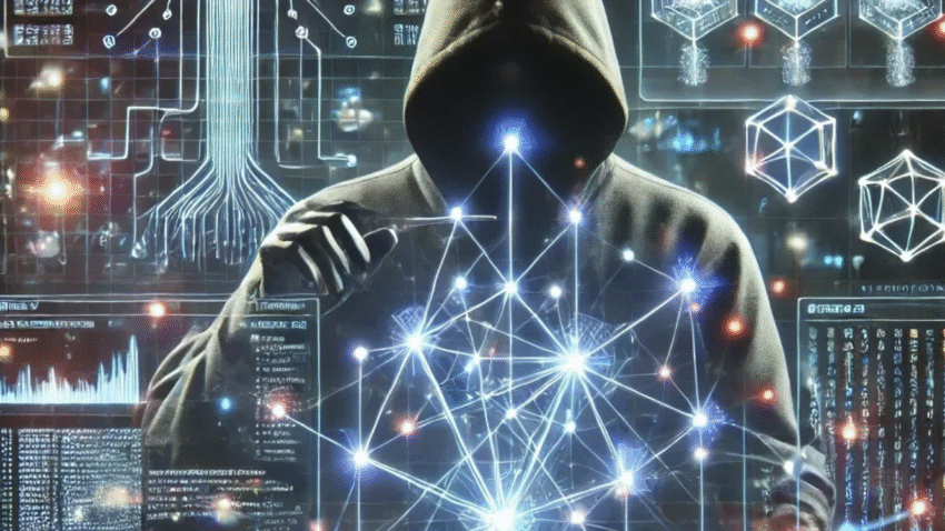 A hooded figure interacting with a glowing, interconnected digital network, symbolizing cyber activity or hacking.